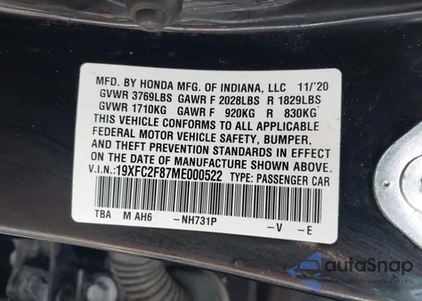 2021 Honda Civic Sport z USA, uszkodzony, nr VIN 19XFC2F87ME000522